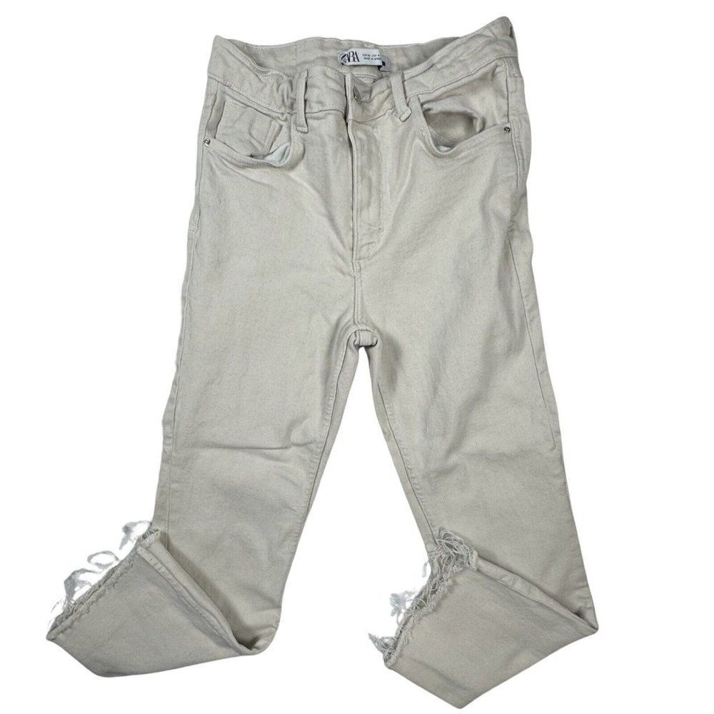 Zara Marine Straight Pants Womens White Denim High Rise Raw Hem Size 4